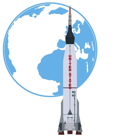 Carrier rocket "Atlas" on the background of the Earth. The illustration on a white background.のイラスト素材