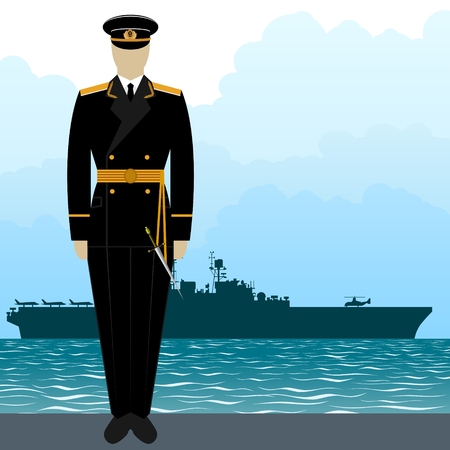 Soldier in uniform of military seaman on a background of a warship. The illustration on a white background.のイラスト素材