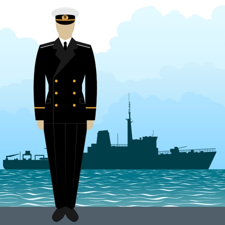 Soldier in uniform of military seaman on a background of a warship. The illustration on a white background.のイラスト素材