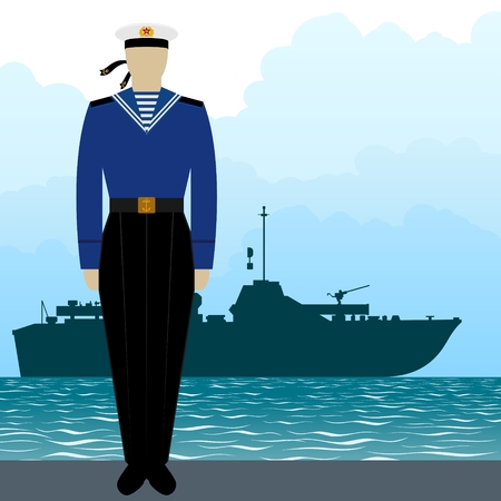 Soldier in uniform of military seaman on a background of a warship. The illustration on a white background.のイラスト素材