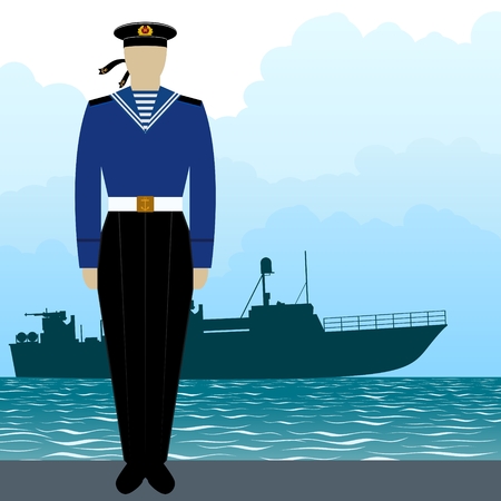 Soldier in uniform of military seaman on a background of a warship. The illustration on a white background.のイラスト素材