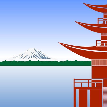 Japanese architecture against the backdrop of Mount Fuji.のイラスト素材