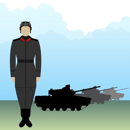 Soldier in uniform tanker on a background of armored vehicles. The illustration on a white background.のイラスト素材