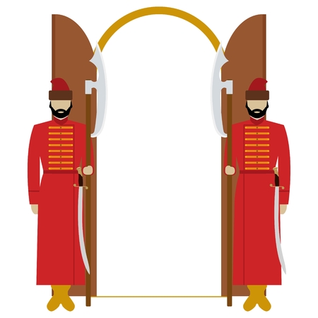 Archers in tsarist Russia with weapons guarding the doors. The illustration on a white background.のイラスト素材