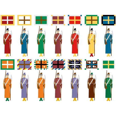 Uniforms, weapons and banners archers musketeer regiment in imperial Russia. The illustration on a white background.のイラスト素材