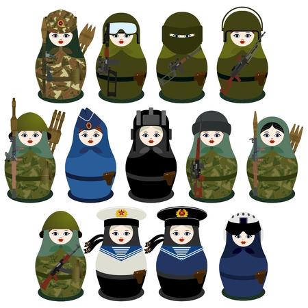 Russian nesting dolls in uniform with automatic weapons.のイラスト素材