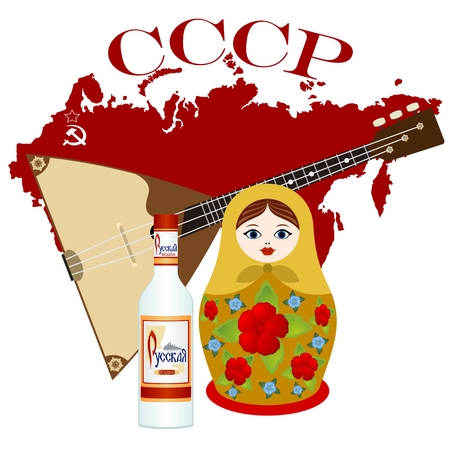 Russian vodka, balalaika, Russian nesting dolls on the background of the card. Abbreviation in Russian. The Soviet Union means the Union of Soviet Socialist Republics. The illustration on a white background.のイラスト素材