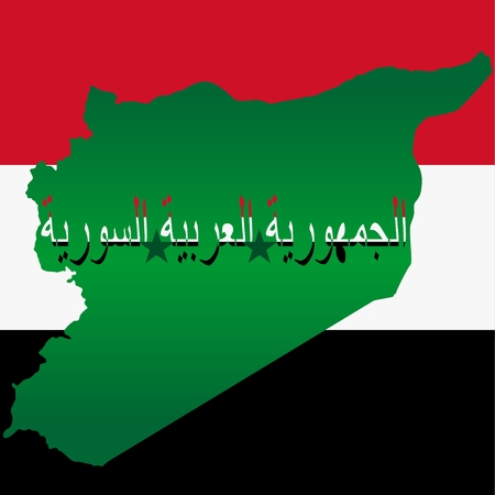 Map of the Syrian Arab Republic on the background of the flag of Syria. The inscription in Arabic means Syrian Arab Republic.のイラスト素材