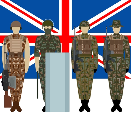 Flag of Great Britain and soldiers in the uniform of the British Army. The illustration on a white background.のイラスト素材