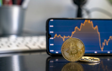 Stock market and fintech concept. Selective focus on bitcoin, and smartphone with stock market with...