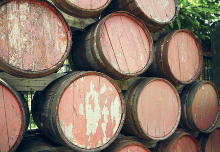 Many wooden a barrels closeup outdoors for backgroundの写真素材