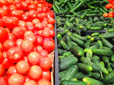 Many red tomatoes and green cucumbers lying in supermarketの写真素材