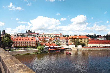 Prague, Czech Republic, view of Prague Castle and vltava river from the Charles Bridgeの写真素材