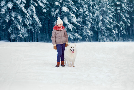 Happy child boy walking with white Samoyed dog in winter day on snowy trees forest backgroundの写真素材