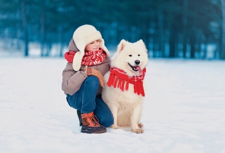 Happy child sitting with his white Samoyed dog in winter day together walks in parkの写真素材