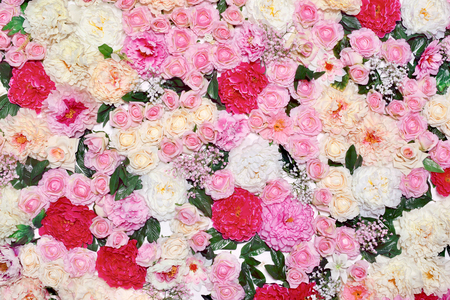 Background many flowers, floral decoration wall. Gentle pastel toned colors photoの写真素材