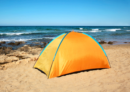 View sea, camping tent on summer beachの写真素材