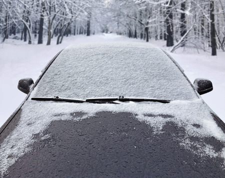Frozen winter car covered snow, view front window windshield and hood on snowy forest backgroundの写真素材