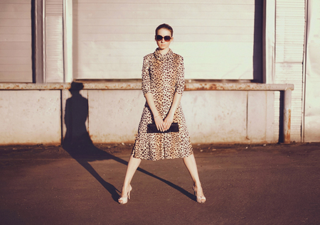 Fashionable confident woman in dress with leopard print, female model holding handbag clutch posing evening casts a shadow on city street backgroundの写真素材