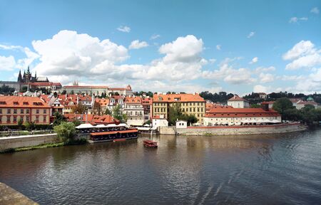 Prague, Czech Republic, view of Prague Castle and Vltava river from the Charles Bridgeの写真素材