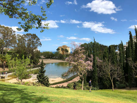 Beautiful city park with plants, trees and pond in Paloma park in Benalmadena near Malaga, Andalusiaの写真素材