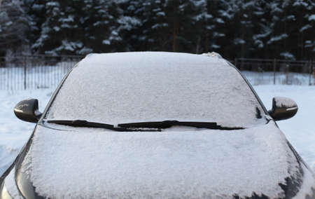 Frozen winter car covered snow, view front window windshield on snowy forest backgroundの写真素材