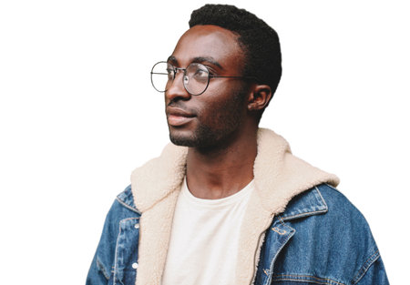 Portrait of young african man wearing eyeglasses looking away isolated on white backgroundの写真素材
