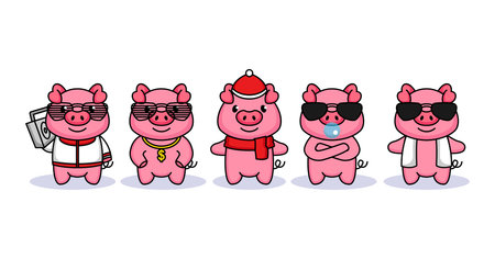 Set of cute pig with funky costumeのイラスト素材