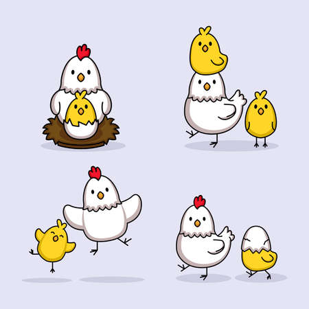 Set of cute chicks and hen chickenのイラスト素材
