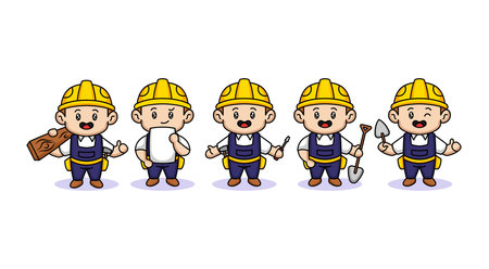 Set of cute kid with construction worker costume mascot designのイラスト素材