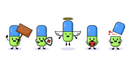 Set of cute capsule pills health mascot designのイラスト素材