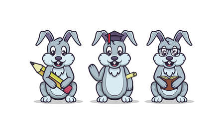 Cute bunny education mascot set with white isolated backgroundのイラスト素材