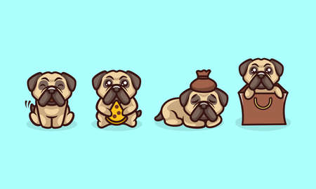 Cute pug dog cartoon logo vector mascot character  setdesign illustration with isolated backgroundのイラスト素材