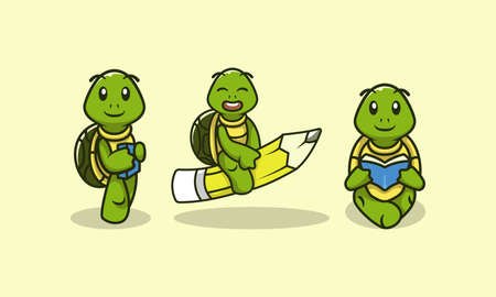 Set of cute back to school turtle mascot design illustration vector templateのイラスト素材
