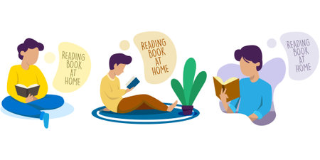 Set of self quarantine activity reading book at home concept design illustrationのイラスト素材