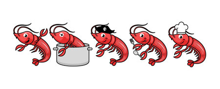 Set of cute shrimp with various pose design illustrationのイラスト素材