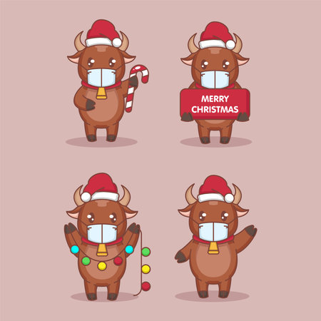 Christmas and happy new year cow with face maskのイラスト素材