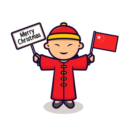 Cute Chinese kid holding Christmas bannerのイラスト素材