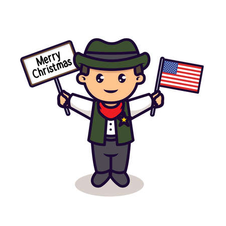 Cute American kid holding Christmas bannerのイラスト素材