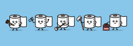 set of cute toilet paper mascot design illustration vector templateのイラスト素材