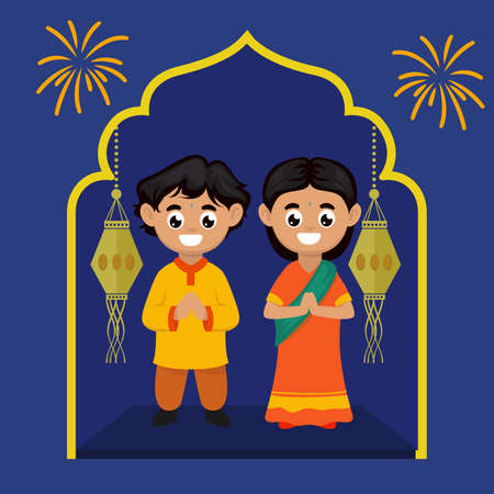 Cute couple kids with Diwali India festival theme character design illustrationのイラスト素材