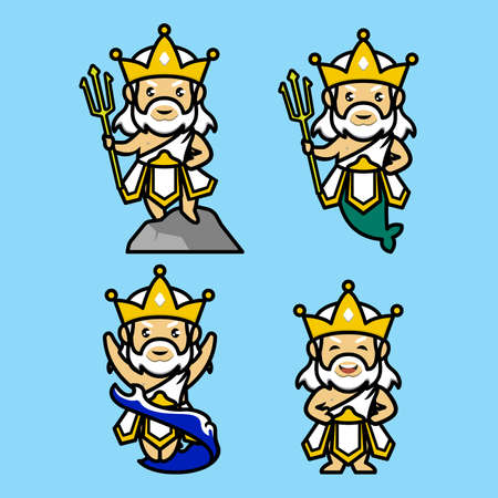 Set of cute Poseidon Neptune mascot designのイラスト素材