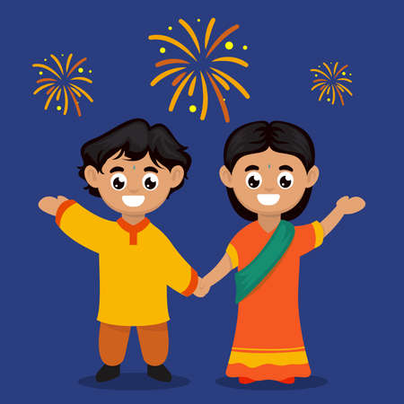 Cute couple kids with Diwali India festival theme character design illustrationのイラスト素材