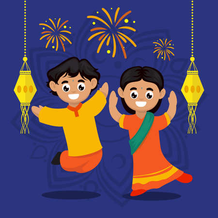 Cute couple kids with Diwali India festival theme character design illustrationのイラスト素材