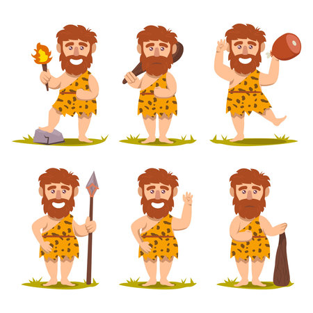 Set of caveman prehistoric neanderthal mascot design illustration