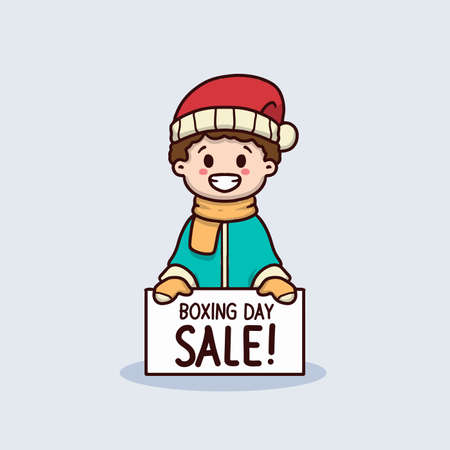 Cute kid with winter clothing hold boxing day sale bannerのイラスト素材
