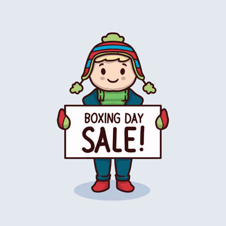 Cute kid with winter clothing hold boxing day sale bannerのイラスト素材