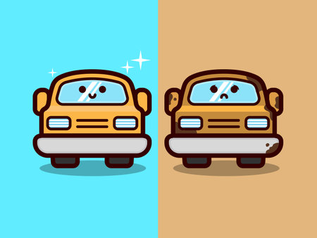 Cute clean and dirty car, car wash, maintenance, and auto car mascot design illustrationのイラスト素材