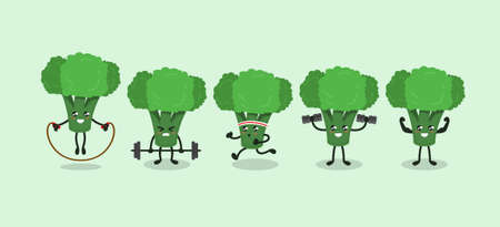 Set of cute broccoli healthy vegetable mascotのイラスト素材