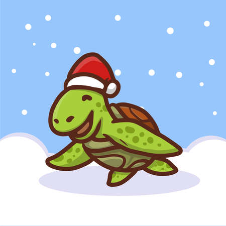 Cute turtle with Santa hat in snow backgroundのイラスト素材